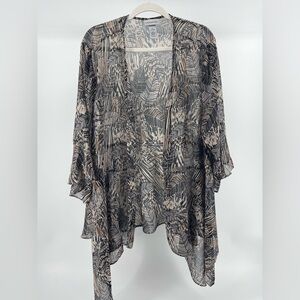 Catherines Leaf Print Bell Sleeve Open Front Kimono Topper, Women's 2X